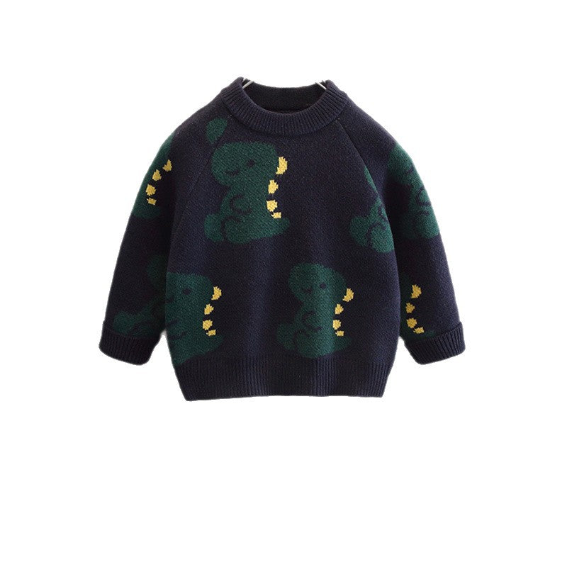 Kids Cartoon Dinosaur Print Crew Neck Pullover Knit Sweater