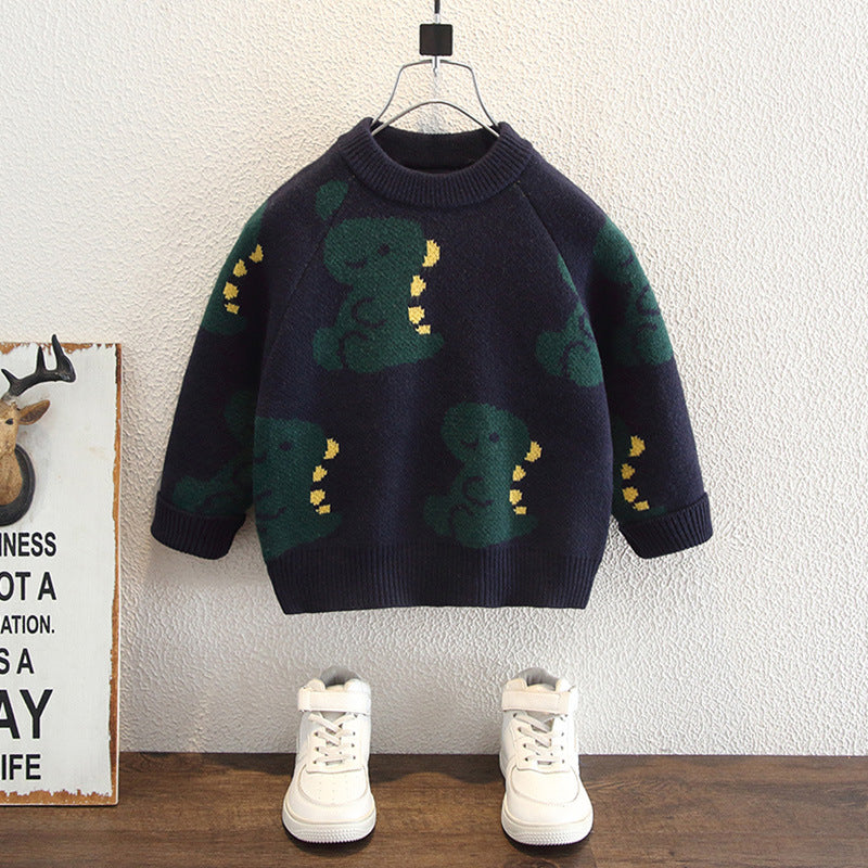 Kids Cartoon Dinosaur Print Crew Neck Pullover Knit Sweater