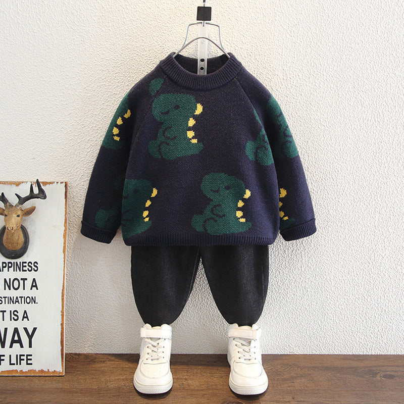 Kids Cartoon Dinosaur Print Crew Neck Pullover Knit Sweater